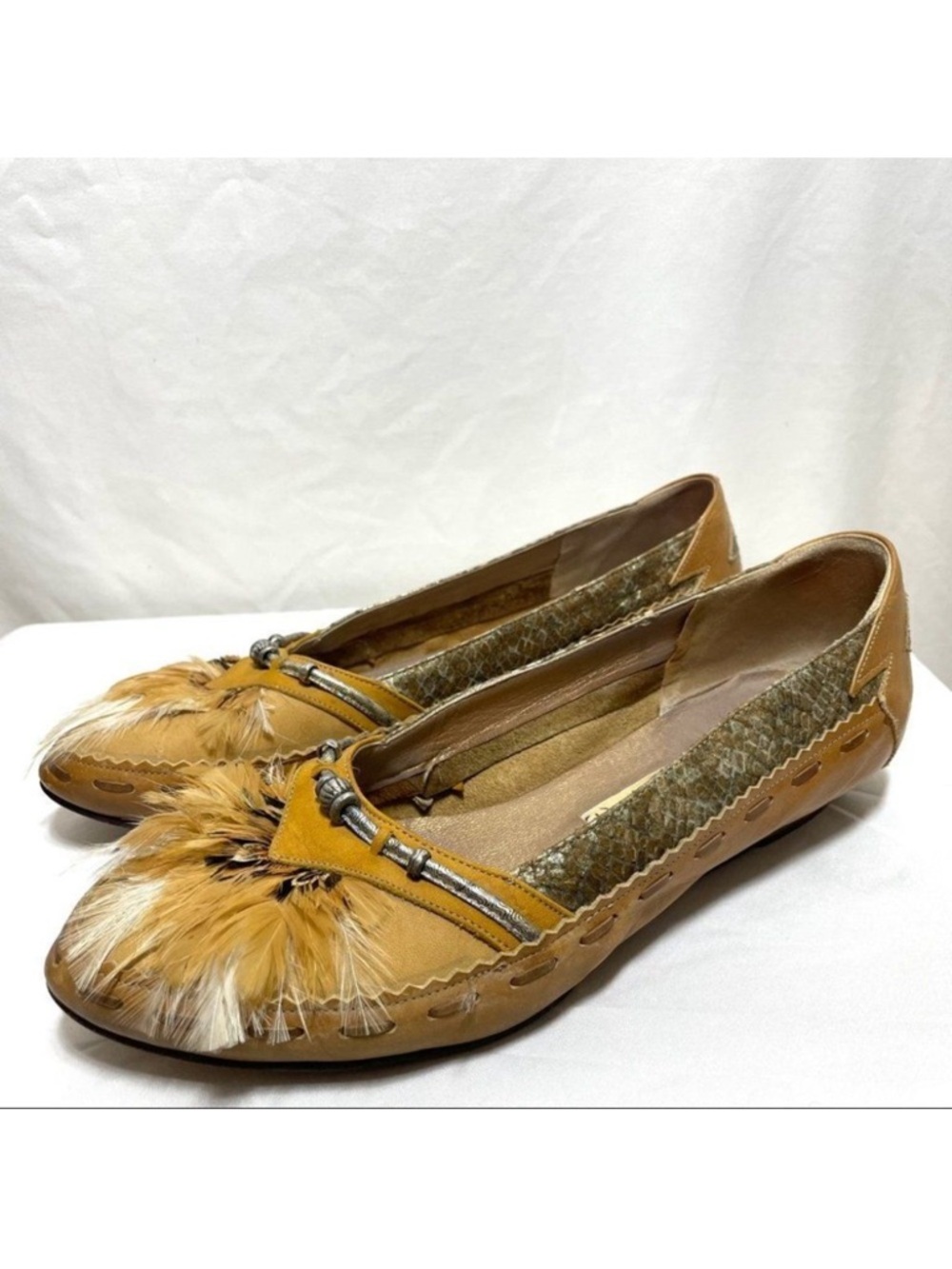 Vintage Collection Europa Yellow Leather Flats with Feathers Snakeskin Accents
